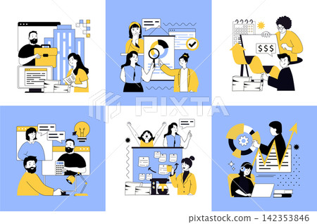 Basic office concept of social media banners set for web design. People communicating, developing business, brainstorming, making investments, planning strategy, earning money. Vector illustrations. 142353846