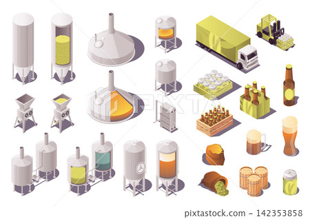 Brewery factory 3d isometric set. Collection isolated flat elements of fermentation, distillery and other machinery, beer industry production, bottles, truck distribution, more. Vector illustration. Brewery factory 3d isometric set. Collection isolated flat elements of fermentation, distillery and other machinery, beer industry production, bottles, truck distribution, more. Vector illustration. 142353858