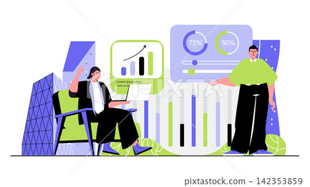 Business activities concept for modern web design. People developing company in team, analyzing data graph, planning strategy, brainstorming. Flat vector illustration isolated on white background. Business activities concept for modern web design. People developing company in team, analyzing data graph, planning strategy, brainstorming. Flat vector illustration isolated on white background. 142353859