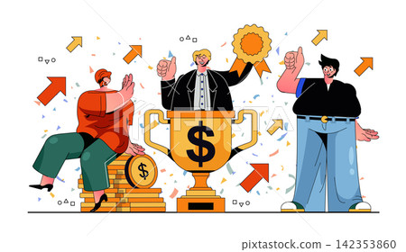 Business award concept for modern web design. People holding trophy cup, winning and achieving career goals, rewarding prize, team triumph. Flat vector illustration isolated on white background. Business award concept for modern web design. People holding trophy cup, winning and achieving career goals, rewarding prize, team triumph. Flat vector illustration isolated on white background. 142353860
