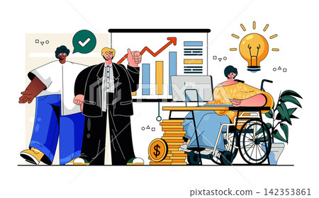 Business decision making concept for modern web design. People searching, planning in office, boss in wheelchair analyzing goals with colleagues. Flat vector illustration isolated on white background. Business decision making concept for modern web design. People searching, planning in office, boss in wheelchair analyzing goals with colleagues. Flat vector illustration isolated on white background. 142353861