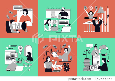 Business and finance concept of social media banners set for web design. People making financial analysis with graphs, planning strategy, investing in company, earning money. Vector illustrations. Business and finance concept of social media banners set for web design. People making financial analysis with graphs, planning strategy, investing in company, earning money. Vector illustrations. 142353862