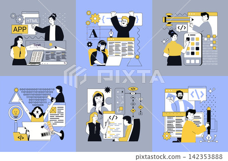Design software development concept of social media banners set for web. People creating program code, engineering back end design and programming interface and user layouts. Vector illustrations. Design software development concept of social media banners set for web. People creating program code, engineering back end design and programming interface and user layouts. Vector illustrations. 142353888