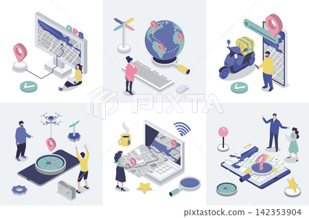 GPS navigation 3d isometry concept for web design. Collection set with isometric people using online global positioning system with maps, compass navigator, location pointers. Vector illustration. GPS navigation 3d isometry concept for web design. Collection set with isometric people using online global positioning system with maps, compass navigator, location pointers. Vector illustration. 142353904