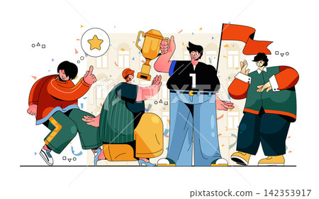 Leadership concept for modern web design. People working in team together, targeting, winning trophy cup, achieving goals, success investment. Flat vector illustration isolated on white background. Leadership concept for modern web design. People working in team together, targeting, winning trophy cup, achieving goals, success investment. Flat vector illustration isolated on white background. 142353917
