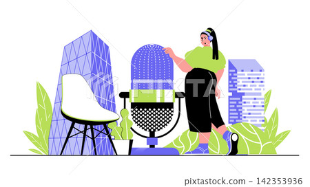 Radio station concept for modern web design. People works as presenters on radio program, speaking to microphone, broadcasting and streaming. Flat vector illustration isolated on white background. 142353936