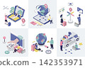 Travelling 3d isometry concept for web design. Collection set with isometric people booking flight tickets online, global tourism, car vacation, summer trip to sea beach resort. Vector illustration. 142353971