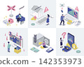 Unemployment and crisis 3d isometry concept for web design. Collection set with isometric people was fired, financial problems, jobless, global economic recession with arrow down. Vector illustration. 142353973