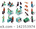 Vet clinic 3d isometric set. Collection isolated flat elements of veterinary doctor diagnostic, x-ray, animal hospital, dogs and cats, treatment, grooming service, carrying more. Vector illustration. 142353974