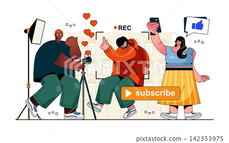 Video blogging concept for modern web design. People work in team and recording content, blogger making live streaming for followers from phone. Flat vector illustration isolated on white background. Video blogging concept for modern web design. People work in team and recording content, blogger making live streaming for followers from phone. Flat vector illustration isolated on white background. 142353975