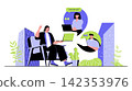 Video conference concept for modern web design. People connecting and talking with friends on zoom, making online call using laptop at home. Flat vector illustration isolated on white background. 142353976