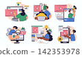Video marketing concept set for web design. Collection with people creating content, making advertising campaigns, promoting in blogs, more. Flat vector illustration isolated on white background. 142353978
