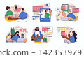 Video and podcast concept set for web design. Collection with people broadcasting online, recording talks in mic at studio, streaming live, more. Flat vector illustration isolated on white background. 142353979