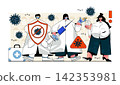 Virus protection concept for modern web design. People protecting against disease, stop pandemic spread doctors doing vaccinations and treatment. Flat vector illustration isolated on white background. 142353981