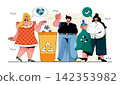 Waste management concept for modern web design. People collecting trash, sorting garbage into separate bins, take care of ecology, save Earth. Flat vector illustration isolated on white background. 142353982