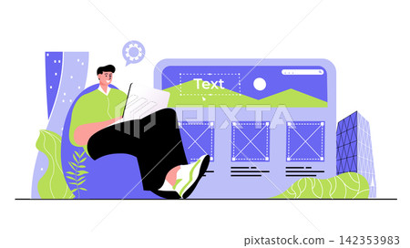 Web development concept for modern design. People developers creating website layout, placing graphic elements, making application template. Flat vector illustration isolated on white background. Web development concept for modern design. People developers creating website layout, placing graphic elements, making application template. Flat vector illustration isolated on white background. 142353983