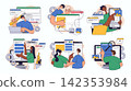 Website design concept set for web design. Collection with people building responsive wireframe site layout, create application pages, more. Flat vector illustration isolated on white background. 142353984