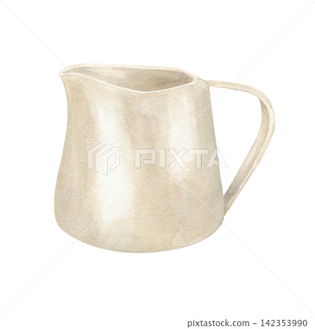 Beige ceramic milk pitcher with handle and spout watercolor illustration on isolated background. Rustic pottery tableware or watering can. Farmhouse kitchen decor, gardening equipment Beige ceramic milk pitcher with handle and spout watercolor illustration on isolated background. Rustic pottery tableware or watering can. Farmhouse kitchen decor, gardening equipment 142353990