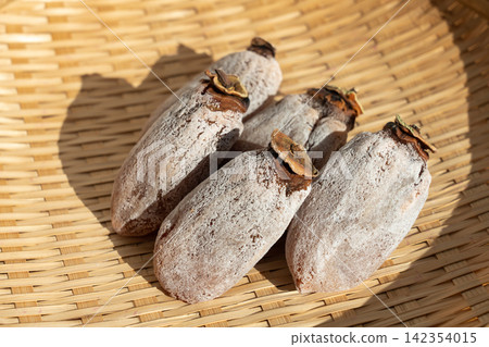 Dried persimmons (koro-gaki) covered in white powder, placed on a sieve; persimmon frost; December Dried persimmons (koro-gaki) covered in white powder, placed on a sieve; persimmon frost; December 142354015
