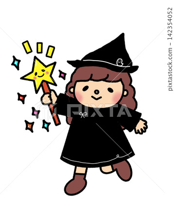 An illustration of a cute little witch girl with a star wand for Halloween. 142354052
