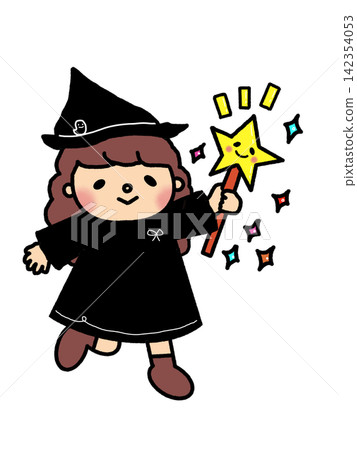 An illustration of a cute little witch girl with a star wand for Halloween. An illustration of a cute little witch girl with a star wand for Halloween. 142354053