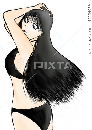 A woman in a black bikini turns around. A woman in a black bikini turns around. 142354089