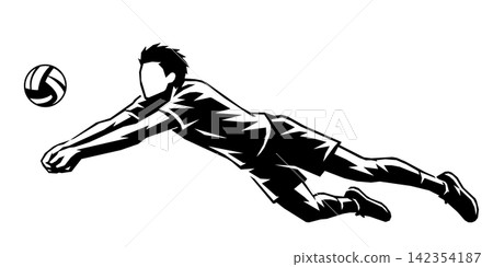 排球運動員飛身接球的透明黑色剪影。 142354187