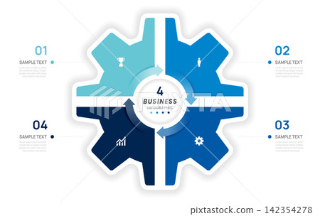 Business Infographic Gear 4 step Mechanical Workflow Template, presentation with venn diagram elements vector illustration. Business Infographic Gear 4 step Mechanical Workflow Template, presentation with venn diagram elements vector illustration. 142354278