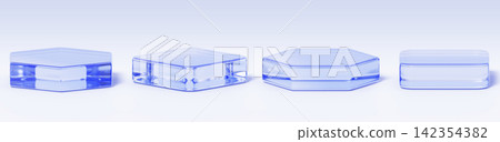 3D square and hexagon glass podiums set. Transparent blue platforms for display product isolated on light bg. Ice crystal bases, acrylic stands, pentagon and cube block pedestals. 3D illustration 3D square and hexagon glass podiums set. Transparent blue platforms for display product isolated on light bg. Ice crystal bases, acrylic stands, pentagon and cube block pedestals. 3D illustration 142354382