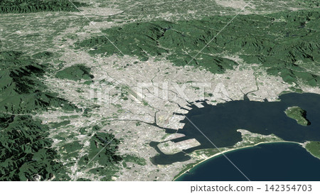 Oblique aerial 3D illustration of Fukuoka, Japan Oblique aerial 3D illustration of Fukuoka, Japan 142354703