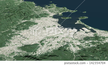 Oblique aerial 3D illustration of Fukuoka, Japan 142354704