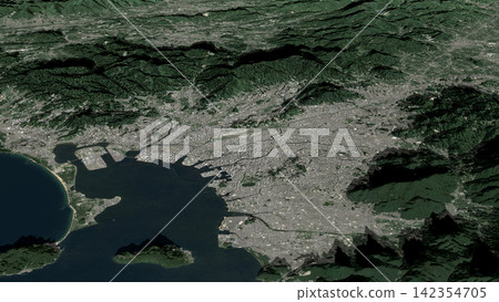 Oblique aerial 3D illustration of Fukuoka, Japan 142354705