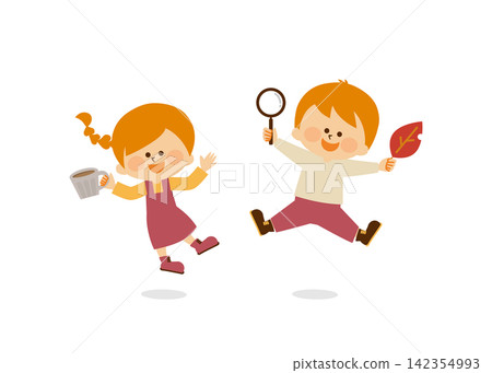 Autumn children: Illustration of a boy and a girl happily jumping around. Autumn children: Illustration of a boy and a girl happily jumping around. 142354993
