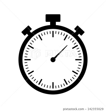 Simple Stopwatch Icon. Black Timer Symbol with Two Side Buttons, Clock Face, Minute Marks and Hand Isolated on White Background. Vector Design for Time, Countdown, Sport, Deadline, App and Interface. Simple Stopwatch Icon. Black Timer Symbol with Two Side Buttons, Clock Face, Minute Marks and Hand Isolated on White Background. Vector Design for Time, Countdown, Sport, Deadline, App and Interface. 142355029