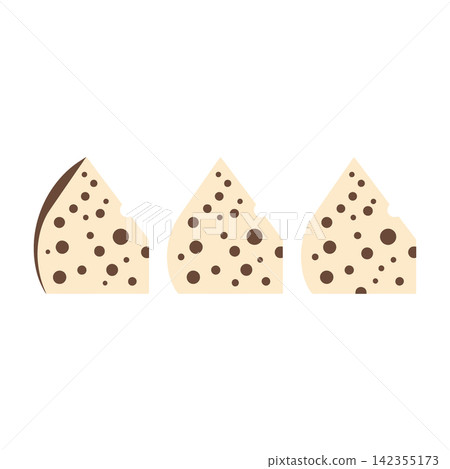 Three wedges of swiss cheese with holes on white background Three wedges of swiss cheese with holes on white background 142355173