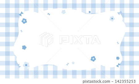 Cute light blue gingham frame template with small flowers, bows and copy space. Cute light blue gingham frame template with small flowers, bows and copy space. 142355253
