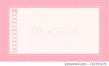 Cute pink coquette frame with laced ribbon bow on grid background Cute pink coquette frame with laced ribbon bow on grid background 142355270