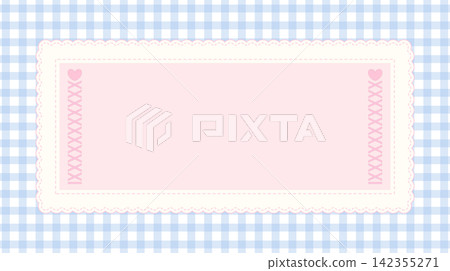 Cute pink frame with lace border and hearts on blue gingham background Cute pink frame with lace border and hearts on blue gingham background 142355271