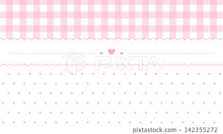 Cute pink gingham and polka dot frame background with scalloped lace and hearts 142355272