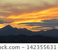 火焰般的落日雲彩，以及哈魯納山脈的全景；層層疊疊的山巒輪廓映襯著燃燒般的晚霞。 142355631