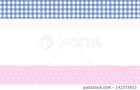 Cute blue gingham and pink polka dot frame template with horizontal stripes Cute blue gingham and pink polka dot frame template with horizontal stripes 142355653