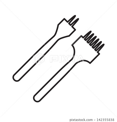 Minimalist line art icon of a pair of multi-prong pricking iron chisels for marking stitch spacing. Minimalist line art icon of a pair of multi-prong pricking iron chisels for marking stitch spacing. 142355838