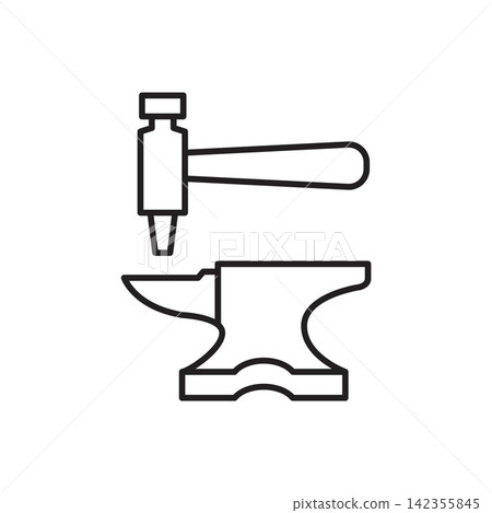 Minimalist line art icon of a rivet punch setter tool positioned above a mini metal anvil base. Minimalist line art icon of a rivet punch setter tool positioned above a mini metal anvil base. 142355845