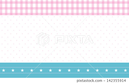 Cute pastel pink gingham and polka dot frame template with blue star border 142355914