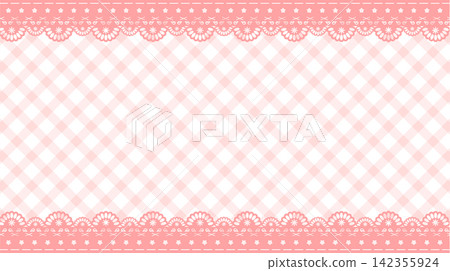 Cute pastel red lace frame template with stars and diagonal gingham background. 142355924