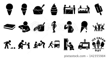 Ice cream pictogram set: depicting sales, preparation, and eating scenes. Ice cream pictogram set: depicting sales, preparation, and eating scenes. 142355984
