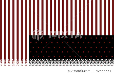 Gothic dark red vertical striped background with polka dot panel and white lace border. Gothic dark red vertical striped background with polka dot panel and white lace border. 142356334