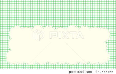 Pastel green gingham background with cream cloud scalloped frame and stitched border. Pastel green gingham background with cream cloud scalloped frame and stitched border. 142356566