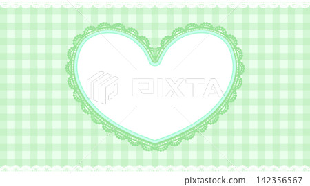 Pastel green gingham background with lacy heart frame and scalloped borders. 142356567