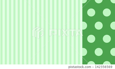 Pastel green vertical striped background with a purple polka-dot border. 142356569